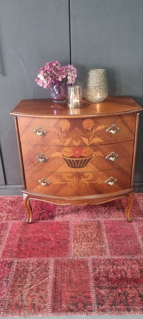 Ladenkastje kersenfineer met inlegwerk rode bloem, Ophalen, Gebruikt, 50 tot 100 cm, Landelijk