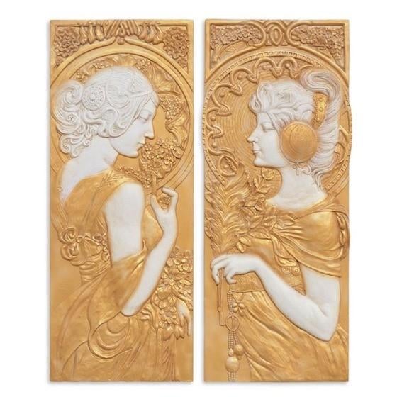 Twee gouden art nouveau wandpanelen met vrouwenfiguren, Ophalen of Verzenden