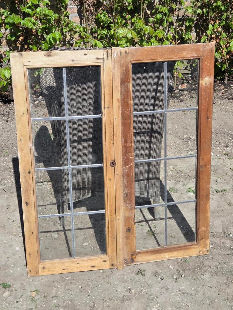 2 Antieke glas in lood ramen, Gevelraam of Ruit, Gebruikt, Minder dan 80 cm, Glas in lood