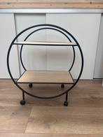 Bijzetkastje/tafeltje met wieltjes zwart staal met hout, Huis en Inrichting, Ophalen, Gebruikt, Metaal of Aluminium, Rond
