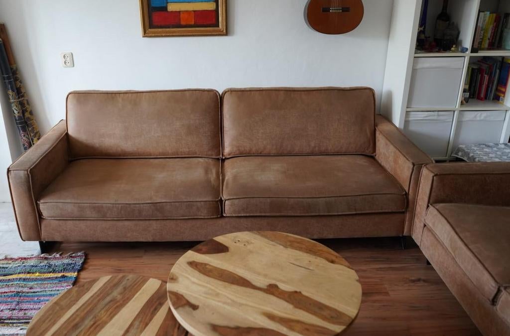 Zeer ruime 3-zitsbank Cognac Missouri leer/stof metalen poot, Ophalen, Gebruikt, Leer, Driepersoons
