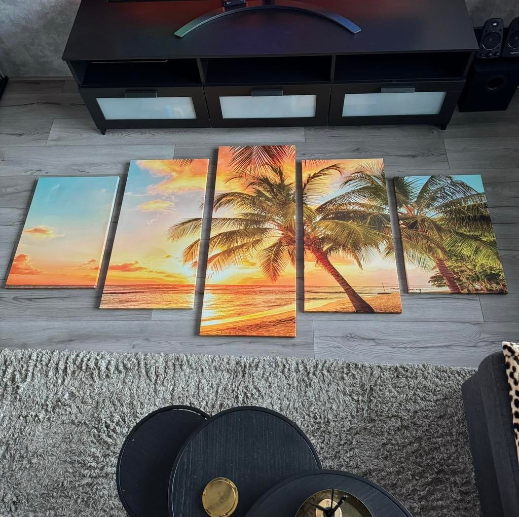 5-Luiks Palmboom Sunset Strand 220x100 canvas-schilderij, Ophalen, 125 cm of meer, Zo goed als nieuw, Schilderij