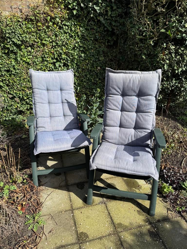 2 groene Hartmann inklapbare tuinstoelen met kussens. Mooi!, Ophalen, Zo goed als nieuw, Kunststof, Verstelbaar