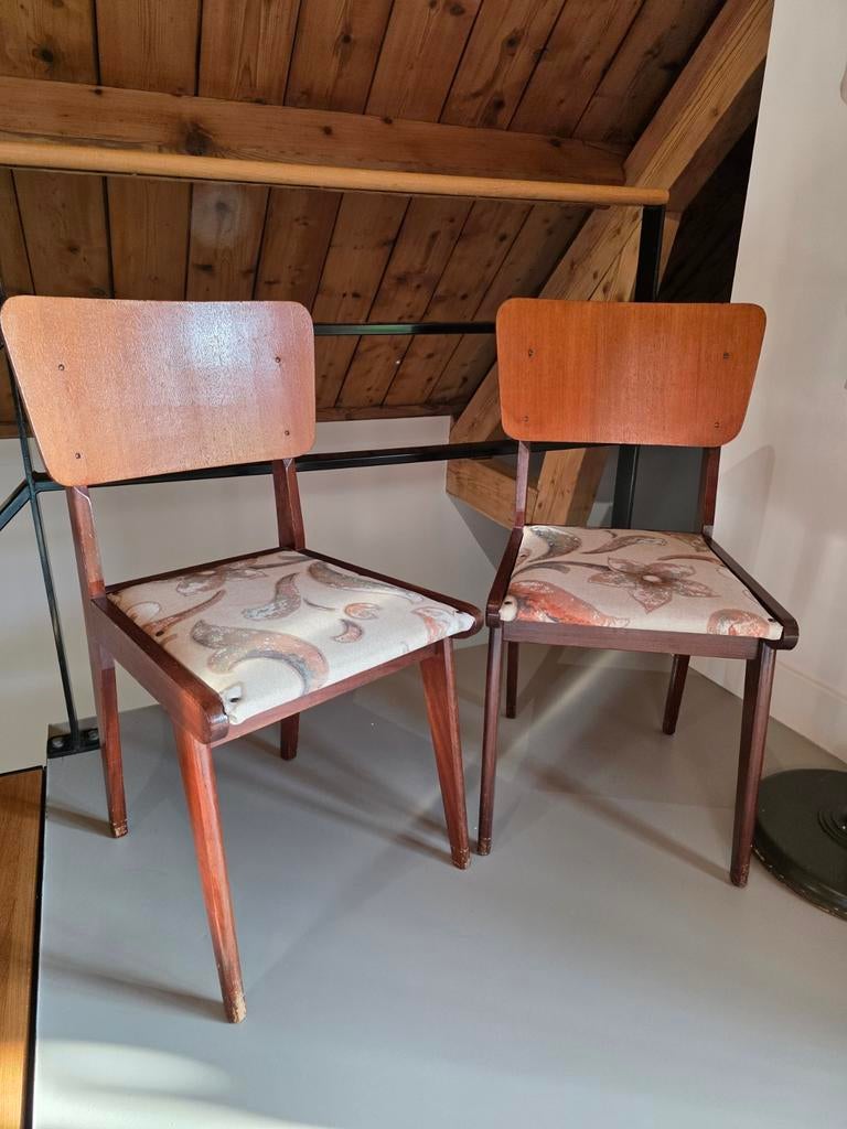 Vintage houten stoeltjes met stoffen zitting (2 stuks), Antiek en Kunst, Ophalen