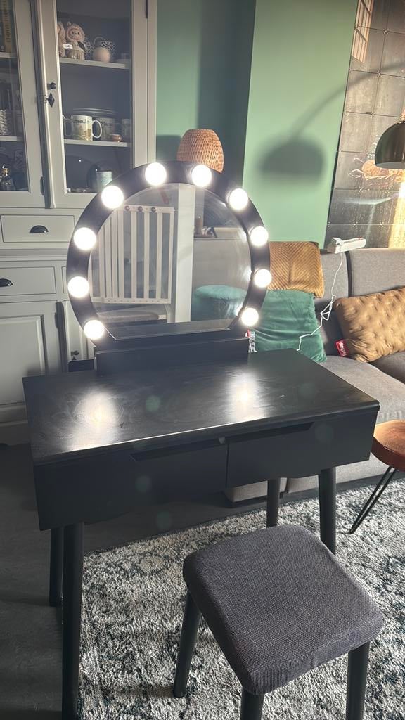 Zwarte kaptafel met verlichting & krukje, Ophalen, Gebruikt, 50 tot 100 cm, Minder dan 100 cm