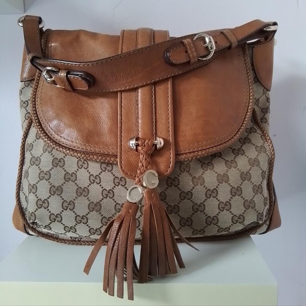 Gucci Marrakech monogram canvas leren schoudertas flapbag, Ophalen of Verzenden, Gebruikt, Bruin
