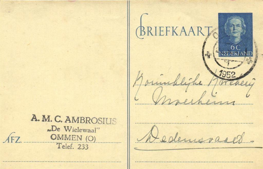 De Wielewaal, Ommen [O] - 10.1952 - briefkaart, Postzegels en Munten, Ophalen of Verzenden, Briefkaart