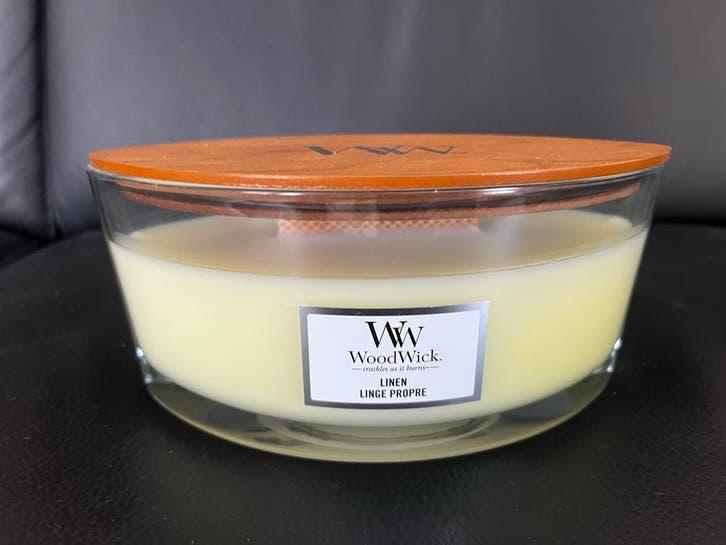 WoodWick Geurkaars - Linen - 453.6g, Ophalen, Overige materialen, Nieuw, Crème