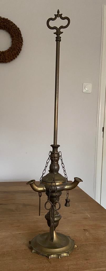 Antieke olielamp met 3 snuiten “snotneus”, Verzenden, Koper of Brons