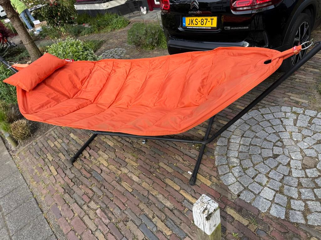 Oranje hangmat met standaard - Zo goed als nieuw, Tuin en Terras, Hangmatten, Meerpersoons, Ophalen of Verzenden, Zo goed als nieuw
