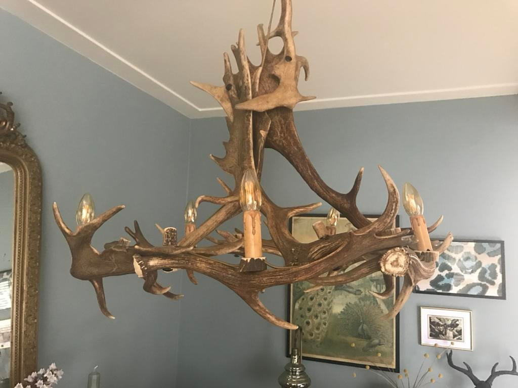 Grote gewei kroonluchter 80cm doorsnede - 6 lichtpunten, Huis en Inrichting, Lampen | Kroonluchters, Ophalen, Gebruikt, Overige materialen