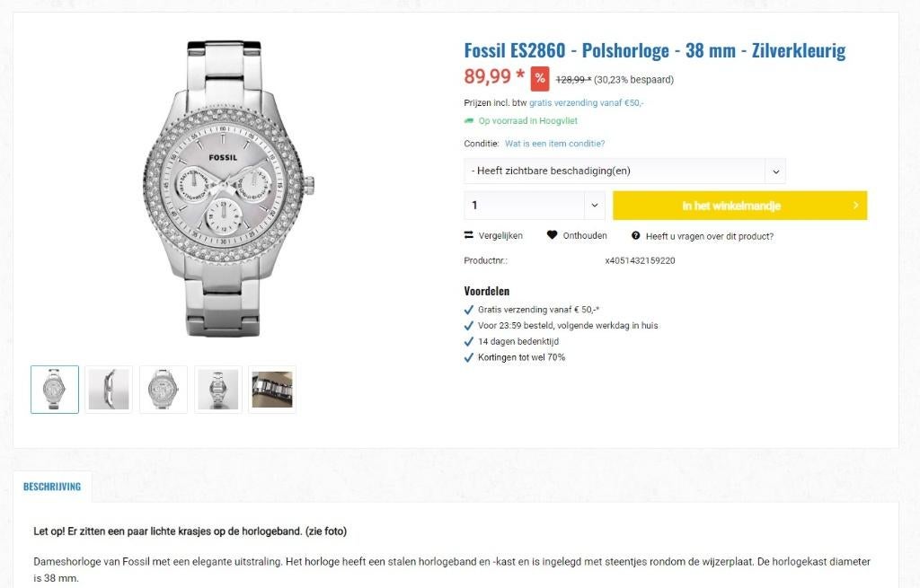 Fossil ES2860 dameshorloge, Sieraden, Tassen en Uiterlijk, Horloges | Dames, Zo goed als nieuw, Polshorloge, Fossil, Staal, Staal
