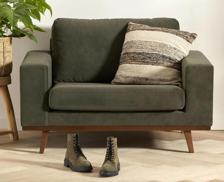 Nous Living Bank + Hocker/Poef - Groen, Huis en Inrichting, Banken | Bankstellen, Zo goed als nieuw, Rechte bank, Tweepersoons