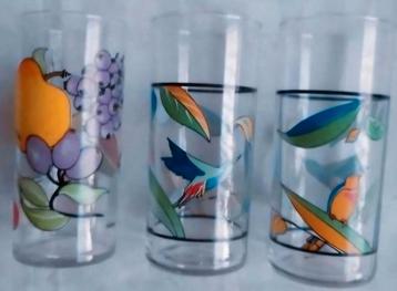 Retro vintage Franse longdrink glazen garden fruit vogels   beschikbaar voor biedingen