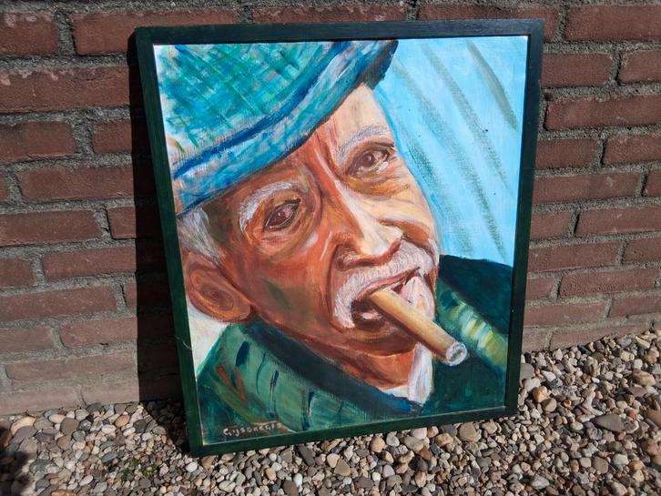 Schilderij op paneel van man met sigaar, Antiek en Kunst, Kunst | Schilderijen | Klassiek, Ophalen of Verzenden