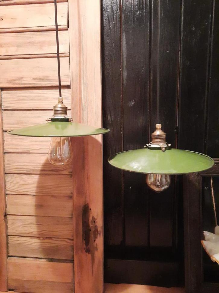 Groene Emaille Schotellampen - Frans Design, Huis en Inrichting, Lampen | Hanglampen, Gebruikt, Minder dan 50 cm, Metaal, Ophalen of Verzenden
