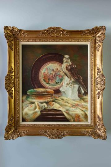 Schilderij met vogel, schotel en dekselschaal beschikbaar voor biedingen