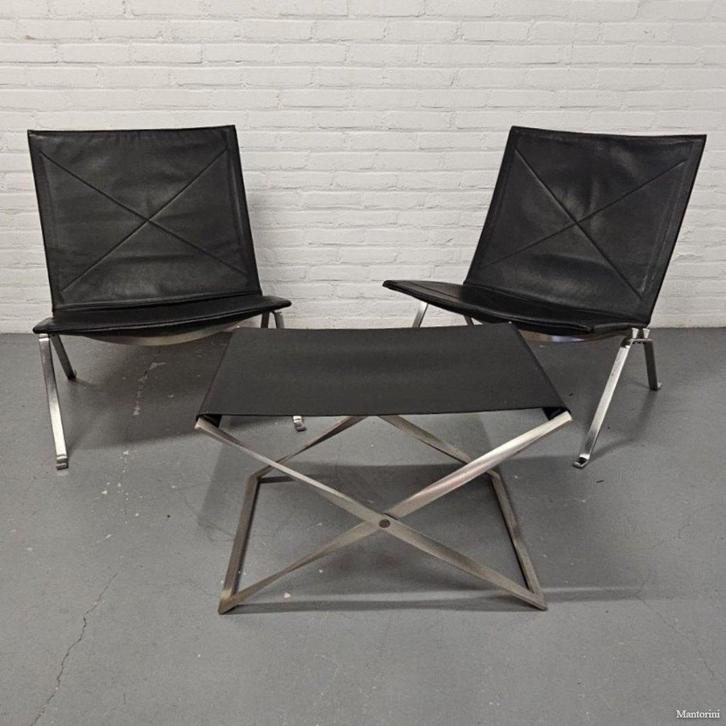 3-delig salonset Poul Kjærholm - Fritz Hansen PK22 en PK91, Huis en Inrichting, Fauteuils, Gebruikt, Leer, Metaal, 50 tot 75 cm