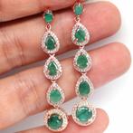 oorbellen 925 zilver 14 k verguld lang met veel Smaragd top, Nieuw, Ophalen of Verzenden, Met edelsteen, Knopjes of Stekers