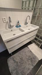 Dubbele Wastafel hoogglans wit met Grohe kraan, Ophalen, 100 tot 150 cm, Zo goed als nieuw, Minder dan 100 cm