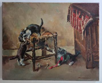 Spelende kittens. Olieverf op doek. Gesigneerd. Jaren dertig beschikbaar voor biedingen