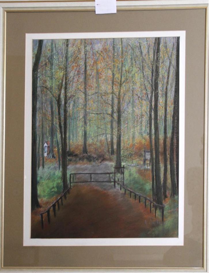 Pastel op papier onder glas – Gesigneerd rechtsonder, Antiek en Kunst, Kunst | Tekeningen en Foto's, Ophalen