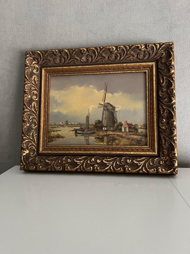 Oud olieverf schilderij op doek - Molenlandschap, Antiek en Kunst, Kunst | Schilderijen | Klassiek, Ophalen of Verzenden