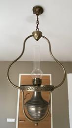 Tinnen hang lamp, Huis en Inrichting, Minder dan 50 cm, Antiek, Ophalen, Glas