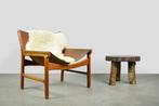 Vintage Deens dik leren easy fauteuil, safari Wikkelso, 1960, Scandinavisch design, Gebruikt, Minder dan 75 cm, Hout