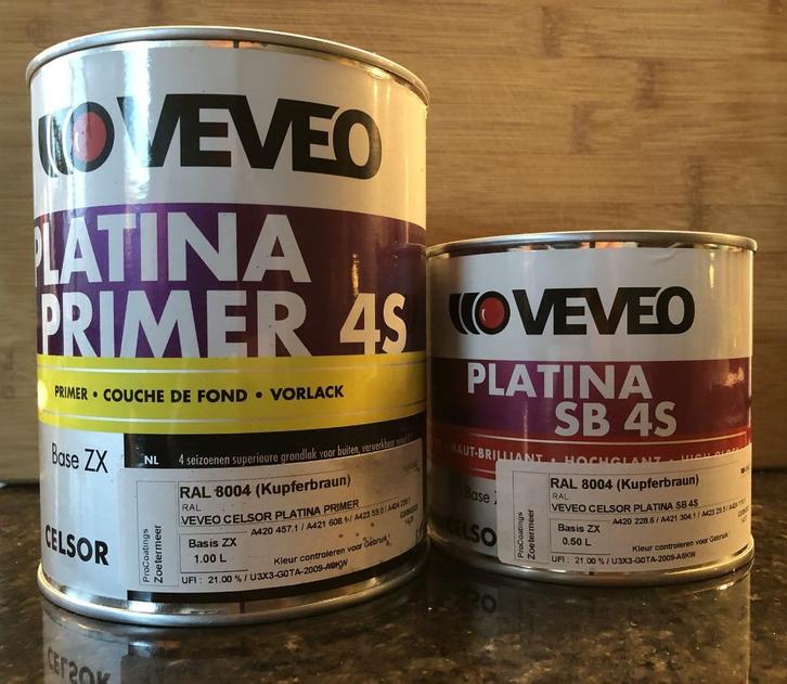 Verf Veveo Platina 4S primer en lak RAL 8004, Doe-het-zelf en Verbouw, Verf, Beits en Lak, Nieuw, Lak, Overige kleuren, Ophalen of Verzenden