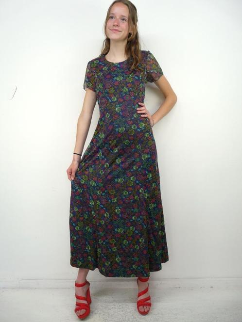 *Abfab Vintage Donkerblauwe Jurk met Bloemetjes 36*, Kleding | Dames, Jurken, Zo goed als nieuw, Maat 36 (S), Blauw, Onder de knie