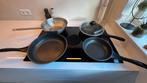 Pannenset: HEMA koekenpannen + Wokpan met deksels, Gebruikt, Inductieplaat, Aluminium, Pannenset