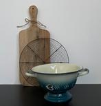 Emaille vergiet op voet / petrolblauw overgang naar creme, Antiek en Kunst, Ophalen of Verzenden