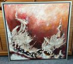 Abstract schilderij met jute, Ophalen of Verzenden