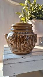 Vintage voorraad pot met deksel, groen bruin met reliëf deco, Huis en Inrichting, Vintage, Aardewerk of Porselein, Ophalen of Verzenden