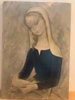 Schilderij paneeltje jongedame met duif, Antiek en Kunst, Ophalen of Verzenden