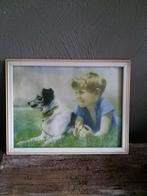 Vintage prent hond met jongen, Ophalen of Verzenden