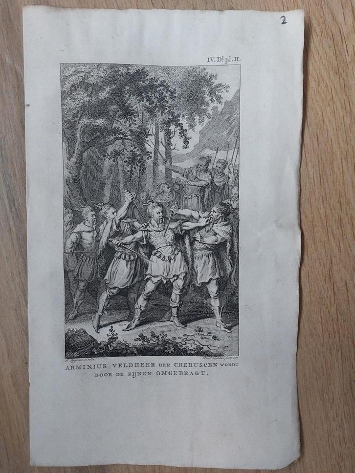2 / Arminus Veldheer der Cheruscen omgerbraht - gravure 1791, Antiek en Kunst, Kunst | Etsen en Gravures, Ophalen of Verzenden