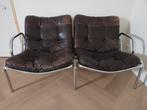Vintage Bruin Lederen dubbele Fauteuil set met Chroom Frame, Ophalen, Gebruikt, Vintage, 50 tot 75 cm