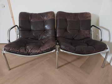 Vintage Bruin Lederen dubbele Fauteuil set met Chroom Frame beschikbaar voor biedingen