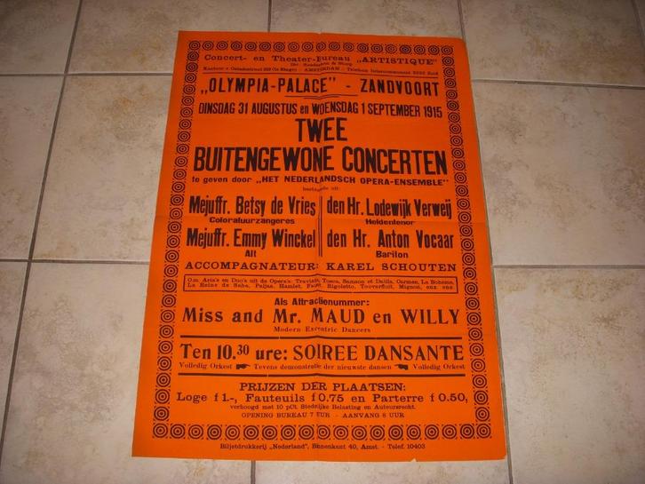 Aankondiging Olympia Palace Zandvoort concerten 1915 !!, Verzamelen, Posters, Gebruikt, Muziek, A1 t/m A3, Ophalen of Verzenden