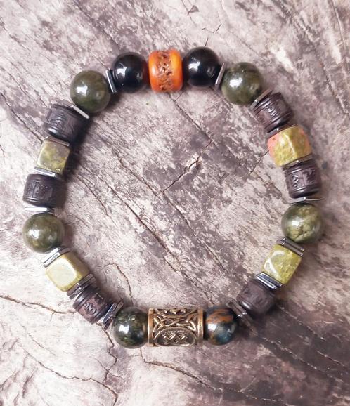 Nieuwe Stoere  10mm herenarmband van Jaspis en Unakiet, Sieraden, Tassen en Uiterlijk, Armbanden, Nieuw, Elastiek, Bruin, Met bedels of kralen