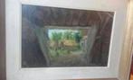 Olieverf schilderij op hout doorkijk door stal gesigneerd., Antiek en Kunst, Ophalen