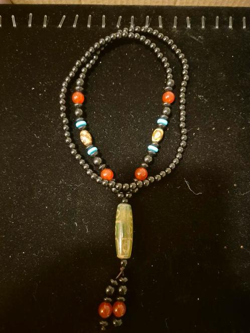 Mala Ketting met Dzi Kraal en Edelstenen, Sieraden, Tassen en Uiterlijk, Kettingen, Gebruikt, Steen of Mineraal, Zwart, Met edelsteen