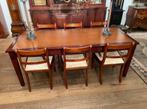 Eettafel of bibliotheek tafel 6 stoel bruin leer inleg lade, Antiek en Kunst, Antiek | Meubels | Tafels, Ophalen