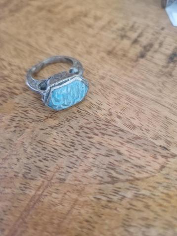 	 Antieke, Tibetaanse zegelring (6 hoekig) turquoise, mt 17. beschikbaar voor biedingen