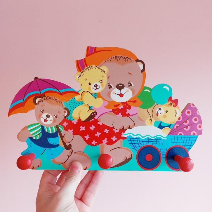 Mertenskunst houten kapstok met beertjes/teddyberen, 3 haken, Huis en Inrichting, Woonaccessoires | Kapstokken, Zo goed als nieuw