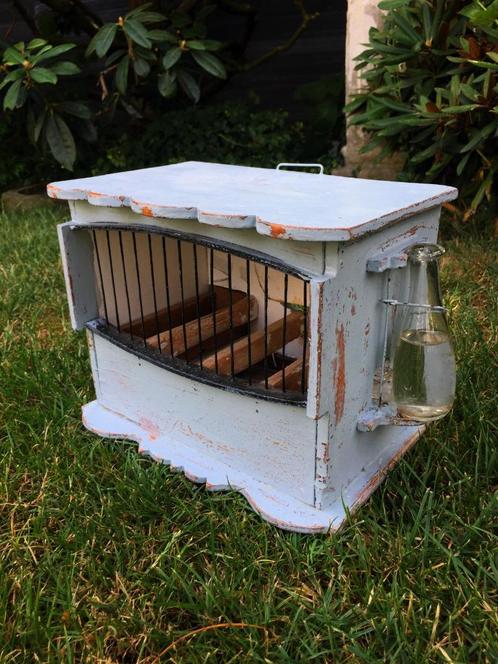 Beeldig oud houten vogelkooitje / antieke vogelkooi flesje, Antiek en Kunst, Curiosa en Brocante, Ophalen of Verzenden