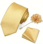 Stropdas met Pochet Effen Goud incl. Spelt Ongedragen NIEUW, Ophalen of Verzenden, Nieuw, Overige kleuren, Effen