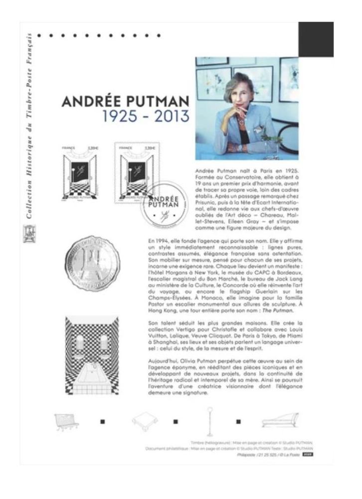 Jaar 2025 Document philatélique - Andrée Putman (1925-2013)., Postzegels en Munten, Postzegels | Europa | Frankrijk, Postfris